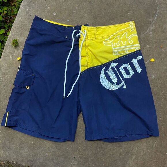 Corona Board Surf Swimming Navy Yellow Polyester Trunks Shorts Men's Size 38 - Picture 1 of 7
